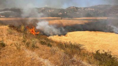 Kütahya’nın Hisarcık ilçesinde biçerdöverden çıkan kıvılcımın hububat ekili alanı tutuşturması