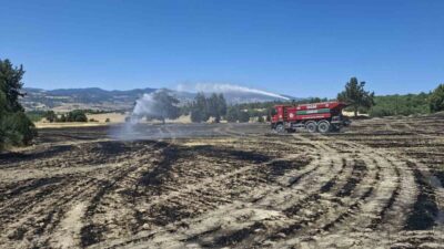 Kütahya’nın Hisarcık ilçesinde biçerdöverden çıkan kıvılcımın otluk alanı tutuşturması sonucu