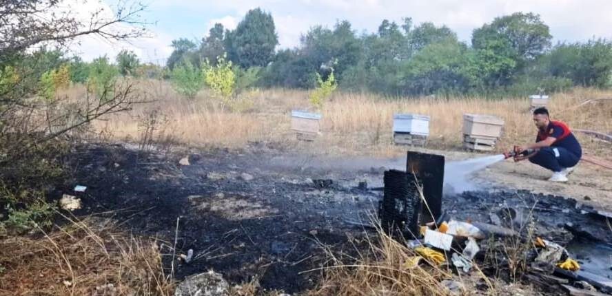 Kütahya’nın Emet ilçesinde boş arazide çıkan yangında 7 arı kovanı